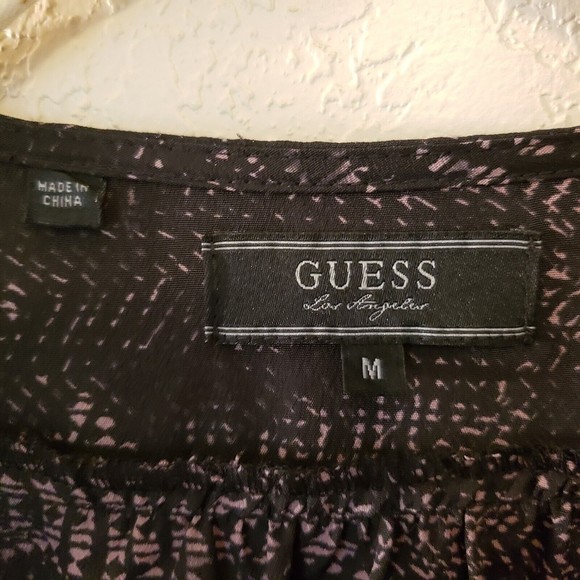 Guess Women's V-neck Dress Brown Black Abstract Elastic Belted Waist Sz Medium - Picture 2 of 8